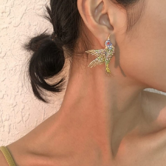 Green Rhinestone Bird Earrings Gold Hummingbird CZ Pave Crystal Birds Post Style - Picture 8 of 9